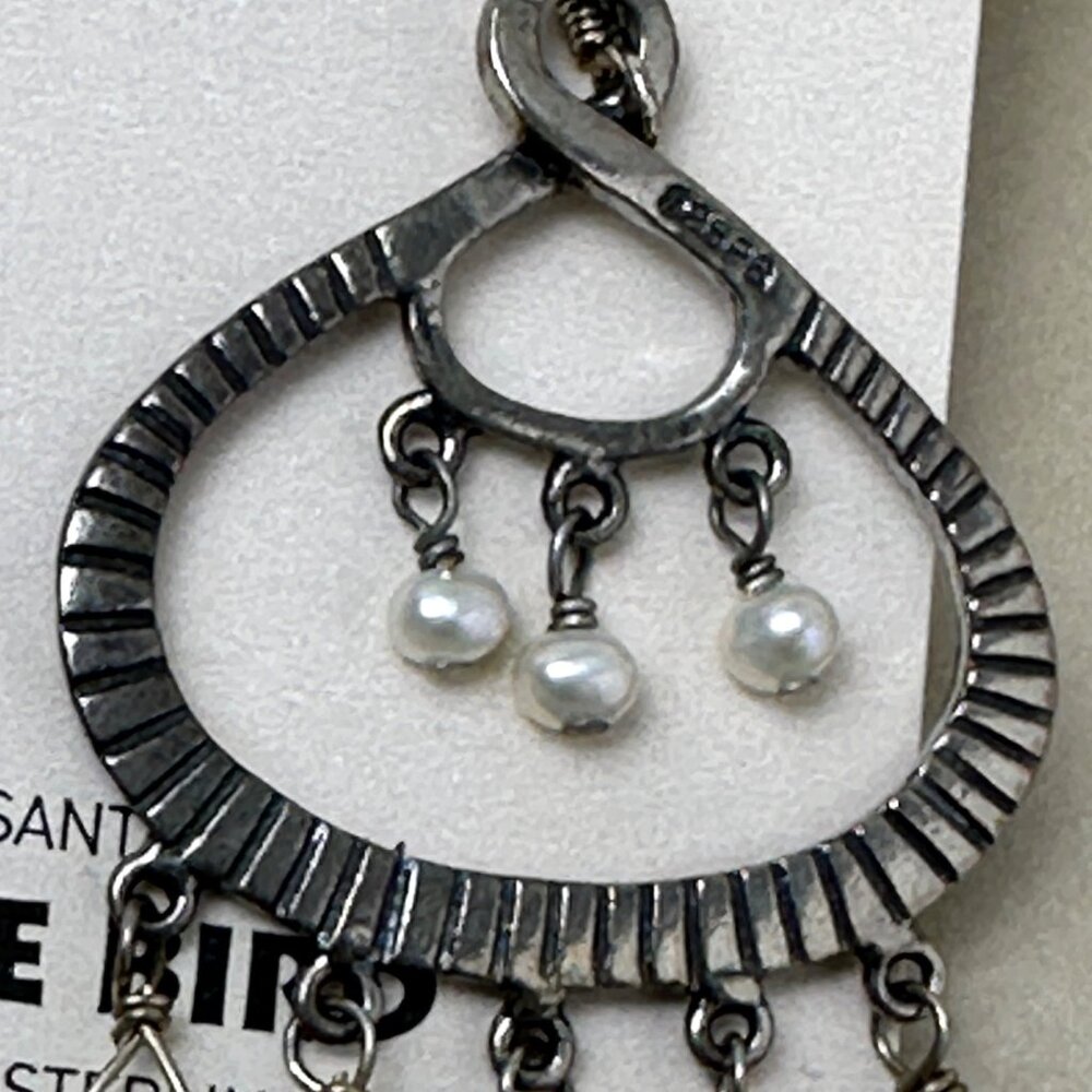 Signed Peyote Bird Boho Chandelier Earrings Oxidized Silver Pearl Drops NWT - Picture 3 of 12